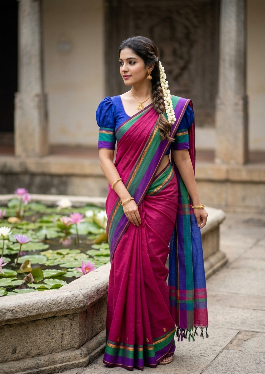 Southloom Maheshwari Cotton Saree With Temple Design on the Body and Borders SL471