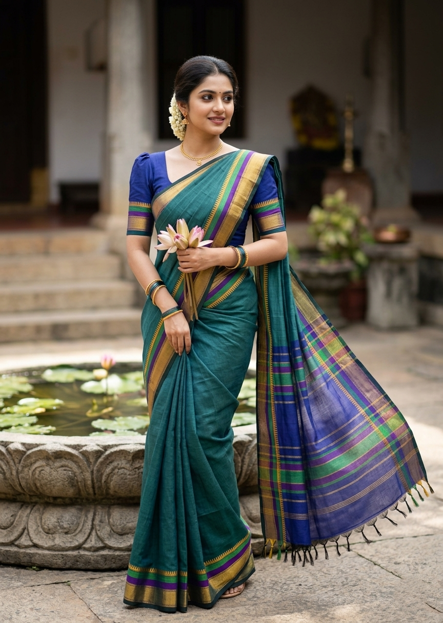 Southloom Maheshwari Cotton Saree With Temple Design on the Body and Borders SL471
