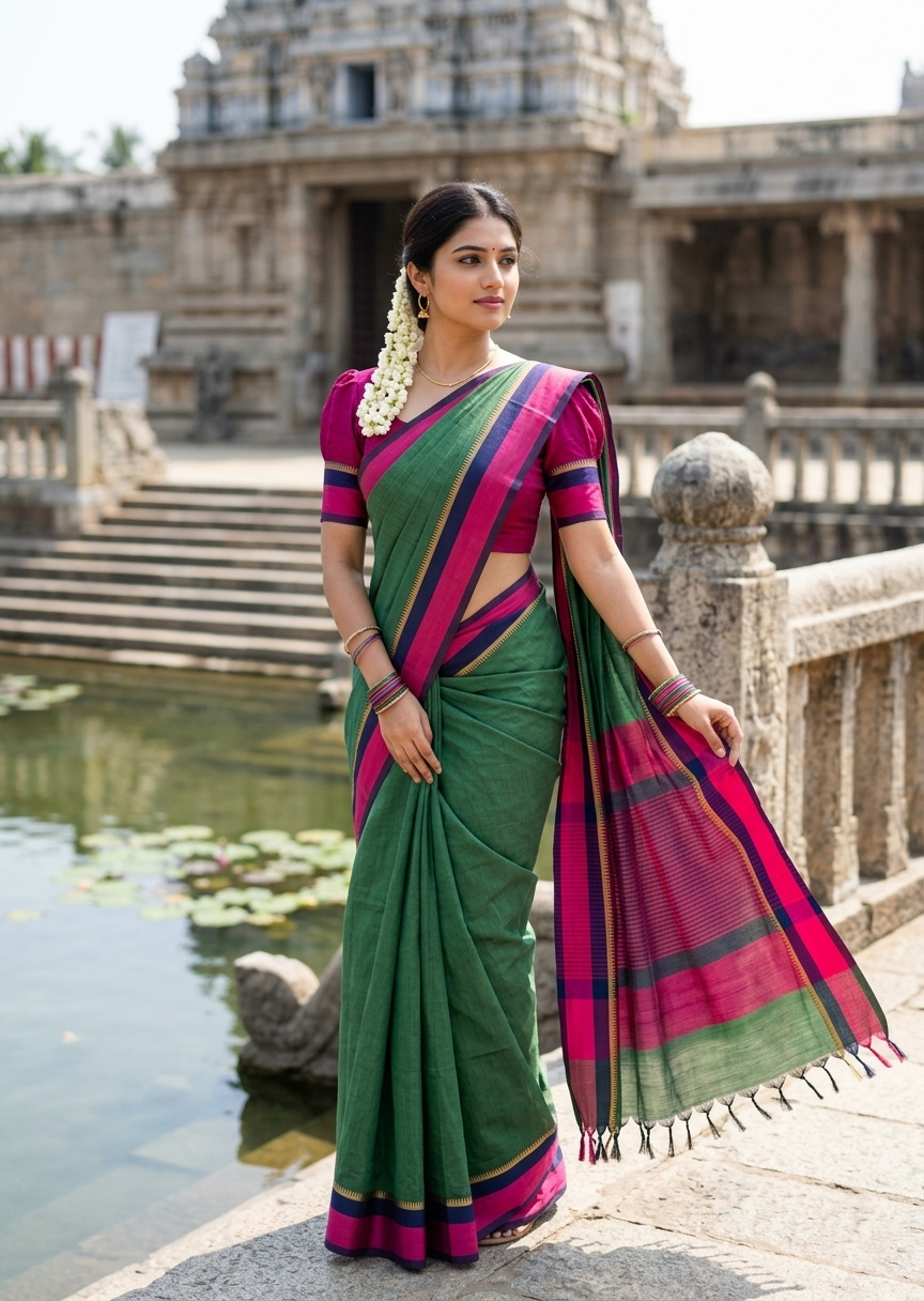 Southloom Maheshwari Cotton Saree With Temple Design on the Body and Borders SL471