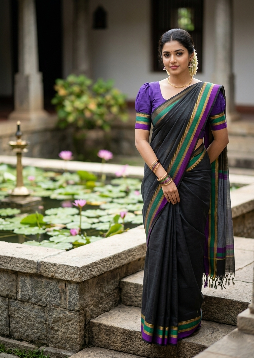 Southloom Maheshwari Cotton Saree With Temple Design on the Body and Borders SL471