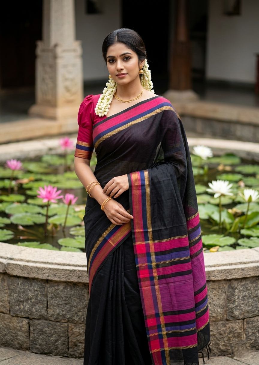 Southloom Maheshwari Cotton Saree With Temple Design on the Body and Borders SL471