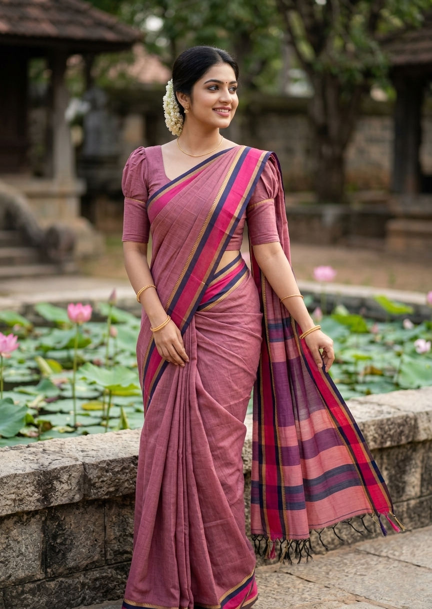 Southloom Maheshwari Cotton Saree With Temple Design on the Body and Borders SL471