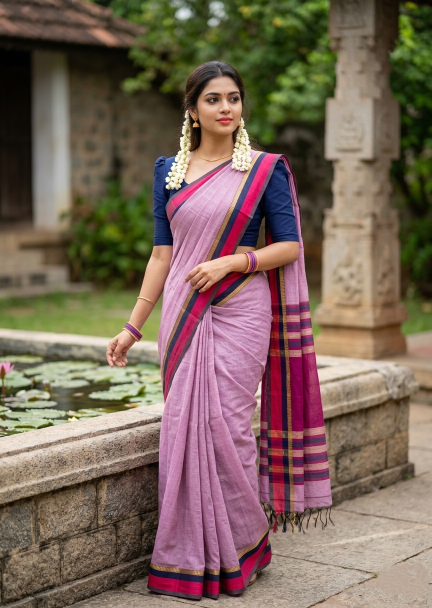 Southloom Maheshwari Cotton Saree With Temple Design on the Body and Borders SL471