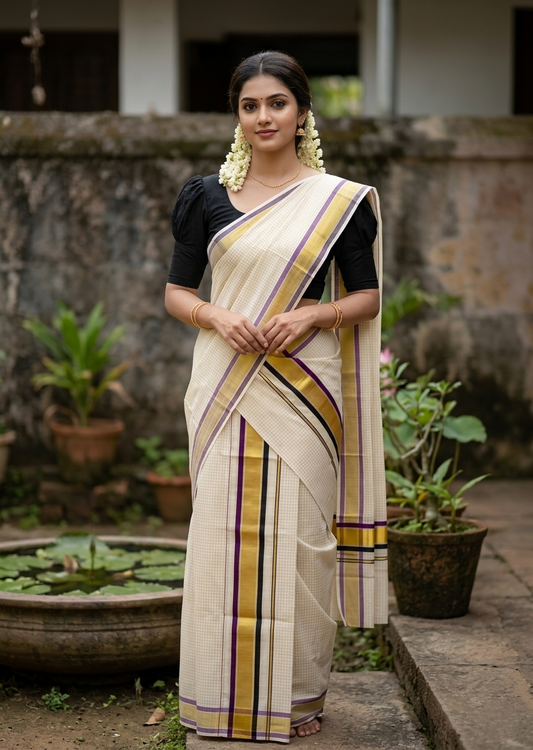 Southloom Pure Cotton Set Mundu with Gold Kasavu Micro Check Across Body in Purple and Black SLKK SL466