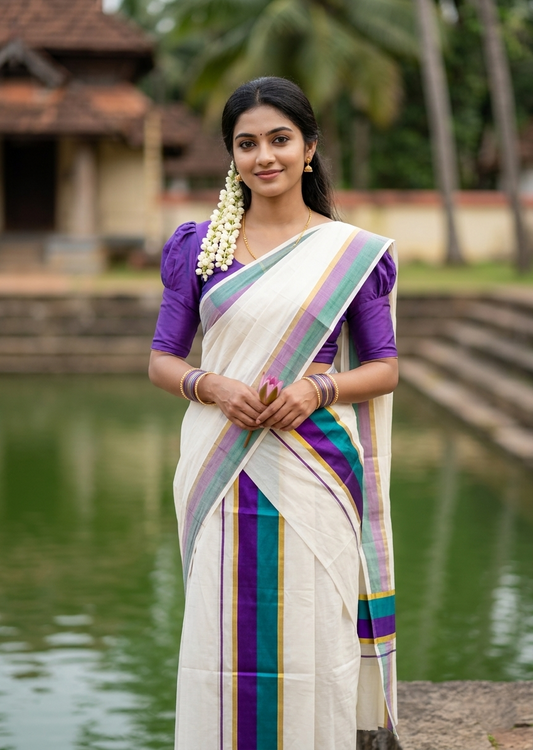 Southloom Cotton Set Mund With Kasavu Border In Peacock blue & Violet With Tassels In 2.80 mtrs SLKK SL472
