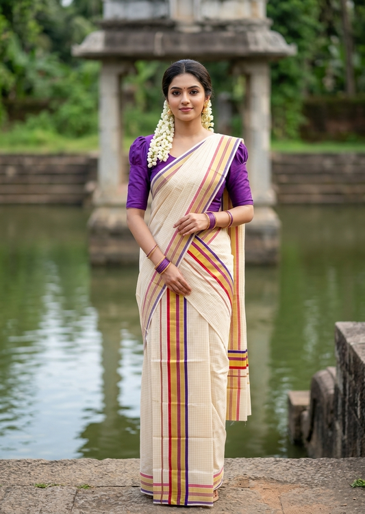 Southloom Pure Cotton Set Mundu with Gold Kasavu Micro Check Across Body in Violet and Magenta SLKK SL447