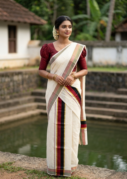 Southloom Cotton Set Mund With Kasavu Border In Black & Maroon With Tassels In 2.80 mtrs SLKK SL472