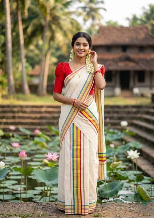 Southloom Pure Cotton Set Mundu with Gold Kasavu Micro Check Across Body in Peacock Green and Red SLKK SL447