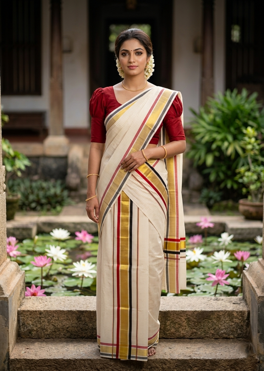 Southloom Pure Cotton Set Mundu with Gold Kasavu Micro Check Across Body in Black and Red SLKK SL466