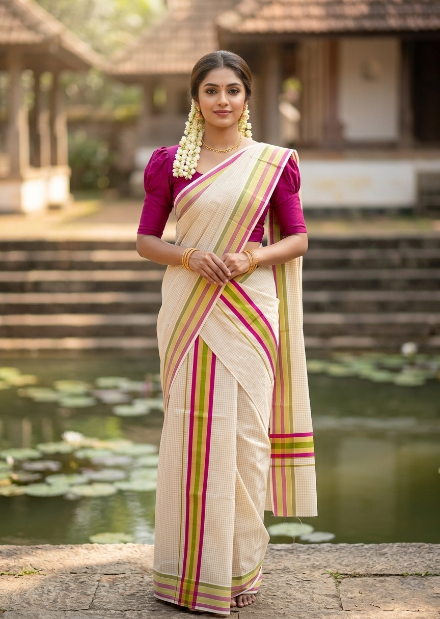 Southloom Pure Cotton Set Mundu with Gold Kasavu Micro Check Across Body in Olive Green and Magenta SLKK SL447