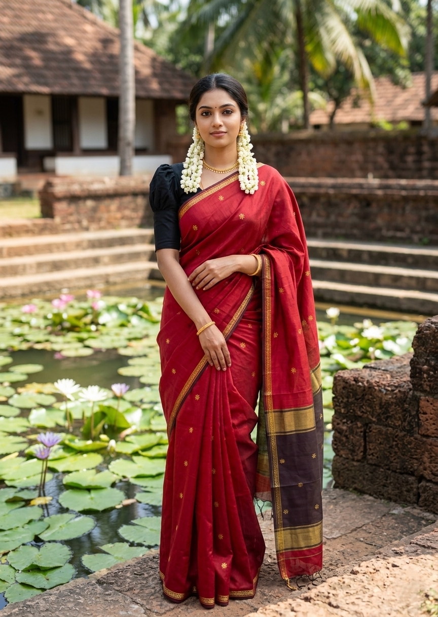 Southloom Maheshwari Cotton Saree With Woven Works on Body in Maroon and Black SL471