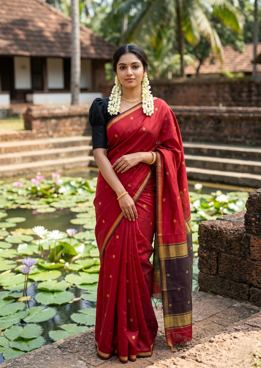 Southloom Maheshwari Cotton Saree With Woven Works on Body in Maroon and Black SL471