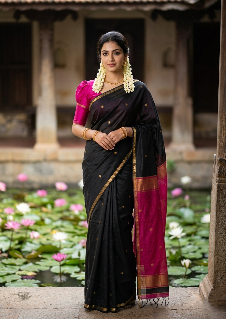 Southloom Maheshwari Cotton Saree With Woven Works on Body in Magenta and Black SL471