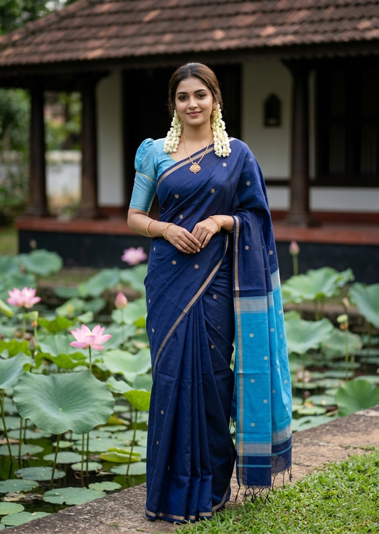 Southloom Maheshwari Cotton Saree With Woven Works on Body in Blue SL471