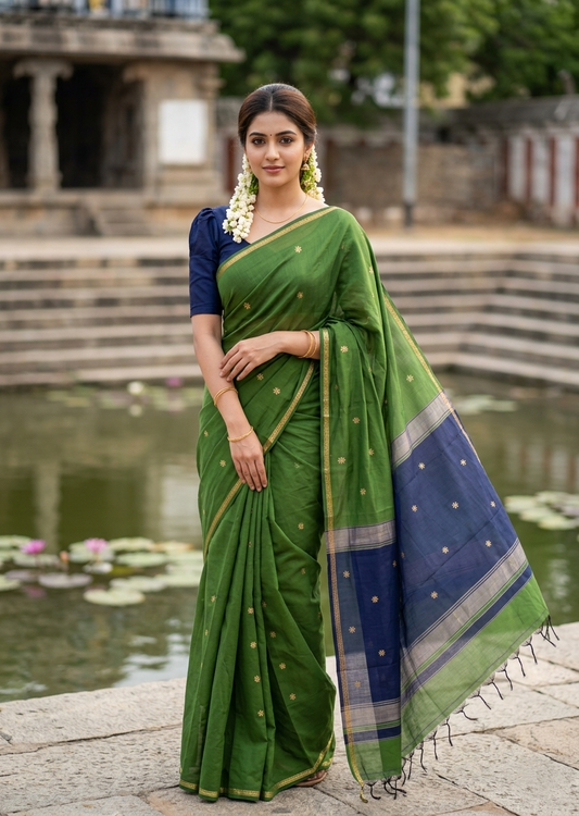 Southloom Maheshwari Cotton Saree With Woven Works on Body in Green and Blue SL471