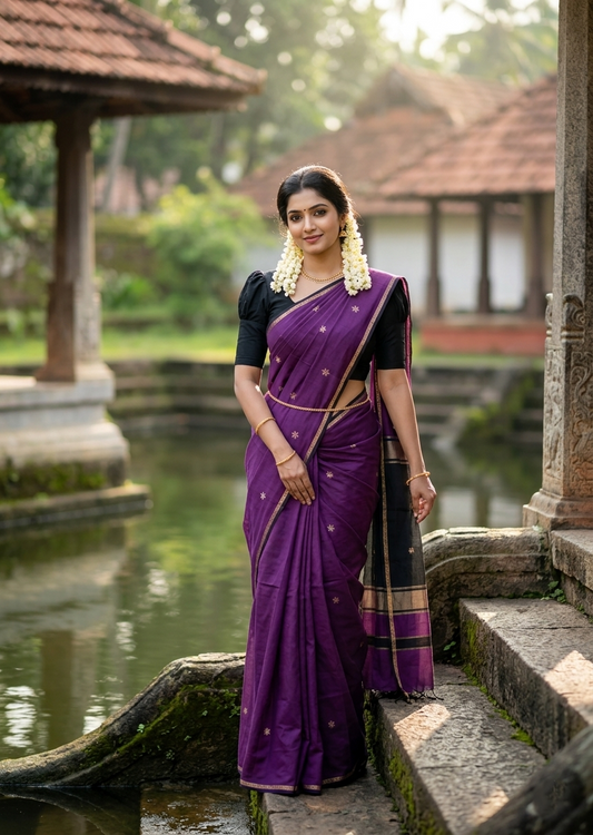 Southloom Maheshwari Cotton Saree With Woven Works on Body in Purple and Black SL471