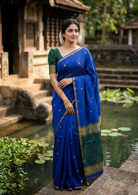 Southloom Maheshwari Cotton Saree With Woven Works on Body in Blue and Green SL471