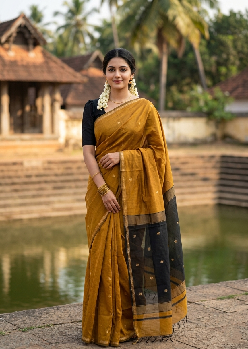 Southloom Maheshwari Cotton Saree With Woven Works on Body in Mustard Yellow and Black SL471