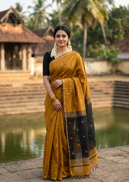 Southloom Maheshwari Cotton Saree With Woven Works on Body in Mustard Yellow and Black SL471