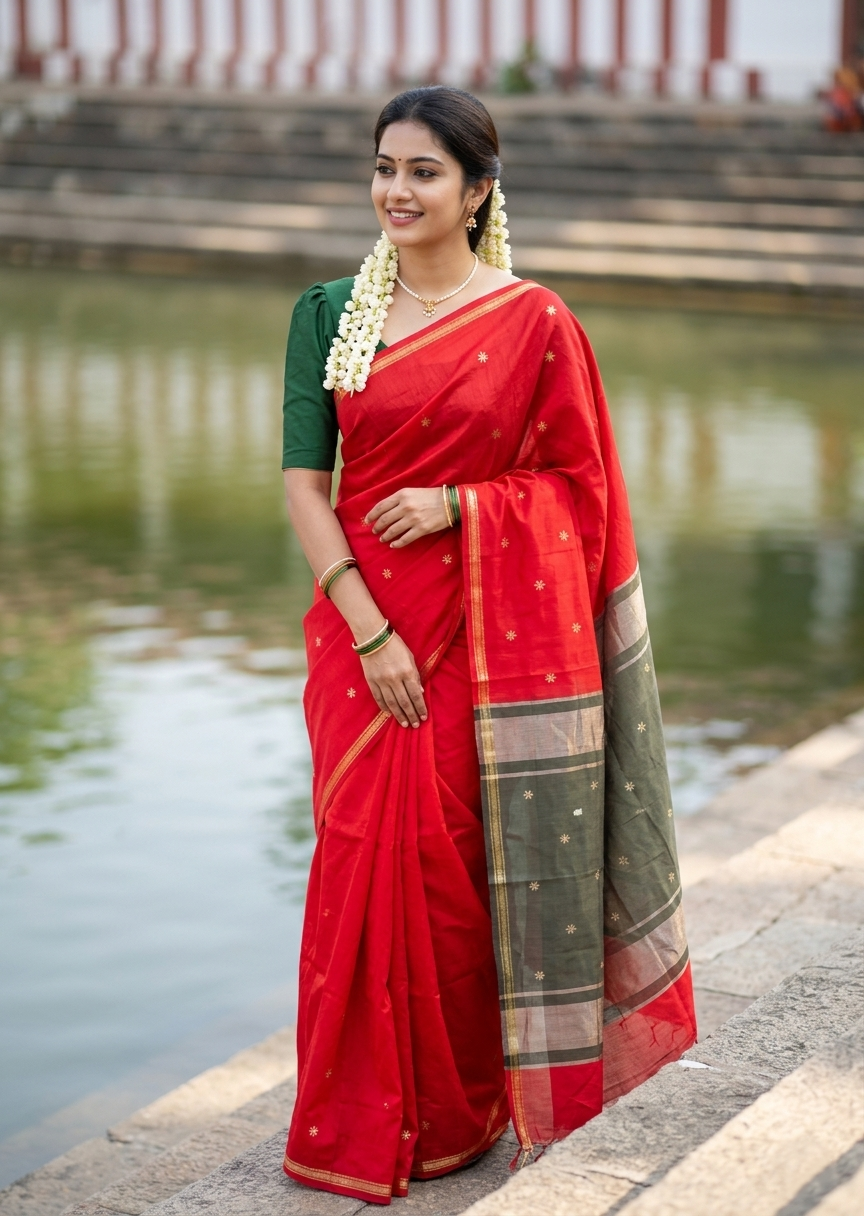 Southloom Maheshwari Cotton Saree With Woven Works on Body in Red and Green SL471