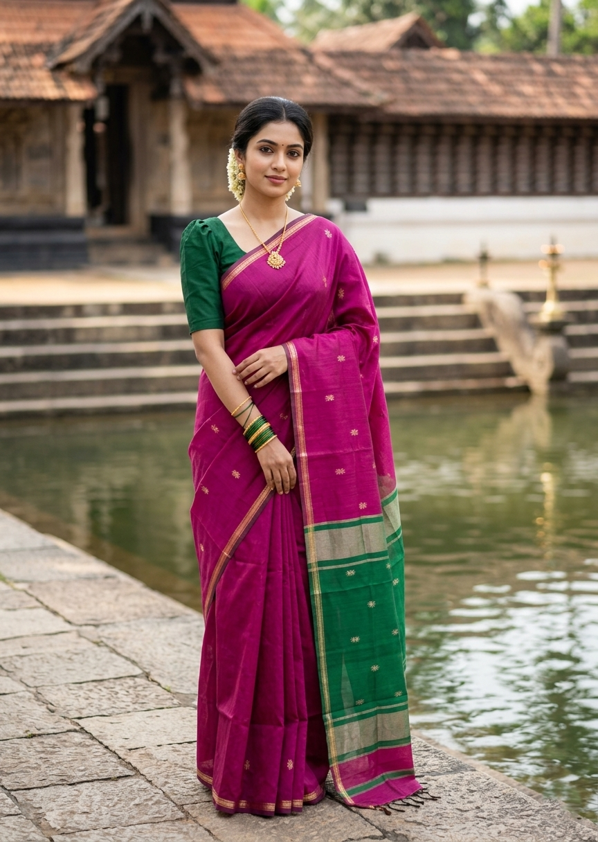 Southloom Maheshwari Cotton Saree With Woven Works on Body in Magenta and Green SL471
