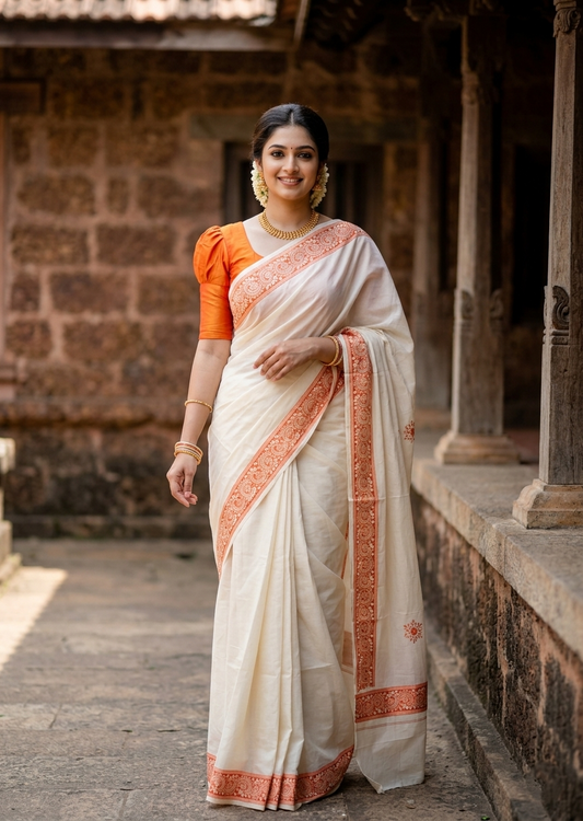 Southloom Kerala Cotton Saree with With Floral Digital Prints on Body and Borders in Orange SL475