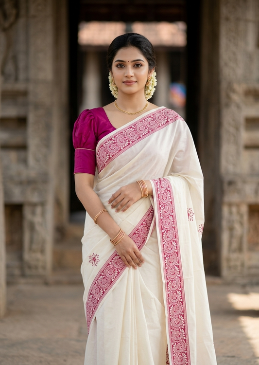 Southloom Kerala Cotton Saree with With Floral Digital Prints on Body and Borders in Magenta SL475