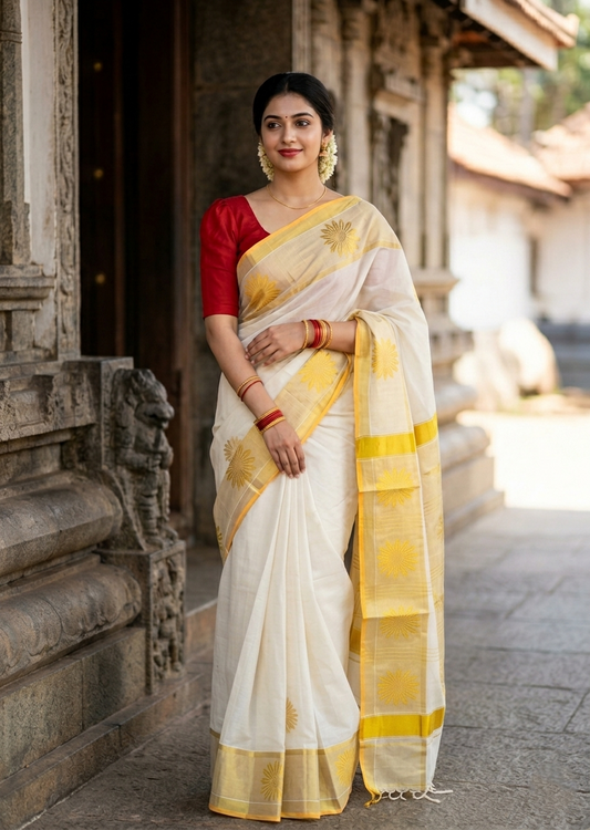 Southloom Pure Cotton Kerala Kasavu Heavy Work Saree with Paisley Floral Woven Design on Body and Borders SL479