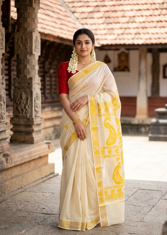 Southloom Tissue Kerala Kasavu Heavy Work Saree with Peacock and Leaf Woven Design on Body and Borders SL479