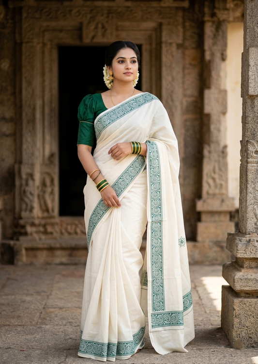 Southloom Kerala Cotton Saree with With Floral Digital Prints on Body and Borders in Green SL475