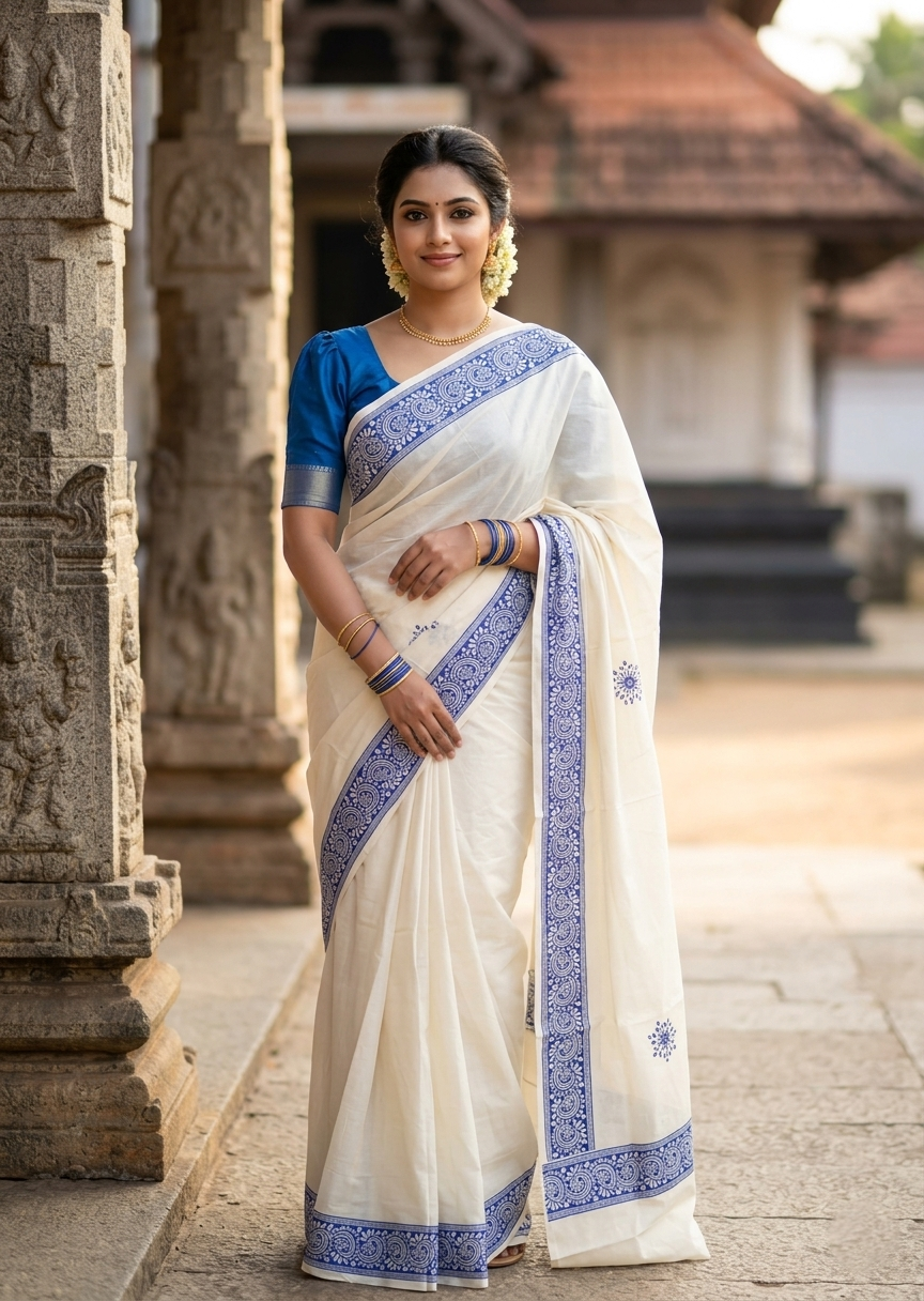 Southloom Kerala Cotton Saree with With Floral Digital Prints on Body and Borders in Blue SL475