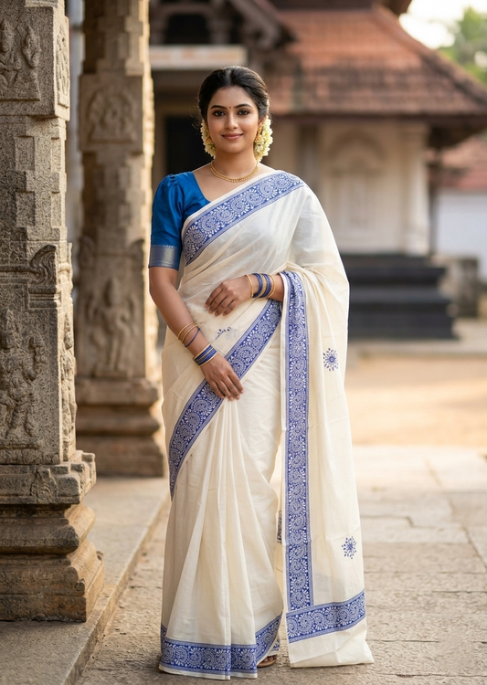 Southloom Kerala Cotton Saree with With Floral Digital Prints on Body and Borders in Blue SL475