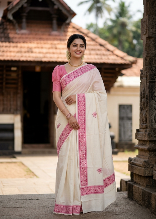 Southloom Kerala Cotton Saree with With Floral Digital Prints on Body and Borders in Pink SL475