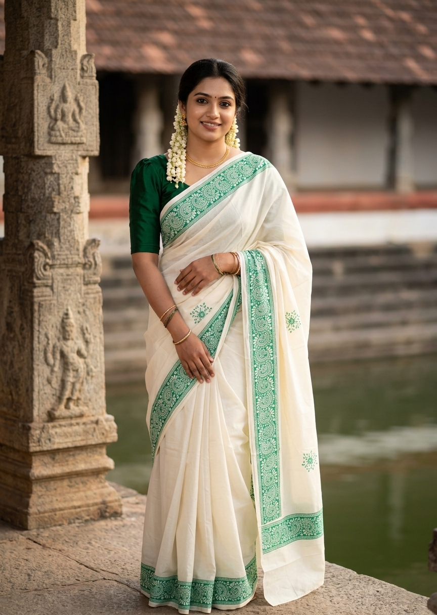Southloom Kerala Cotton Saree with With Floral Digital Prints on Body and Borders in Green SL475