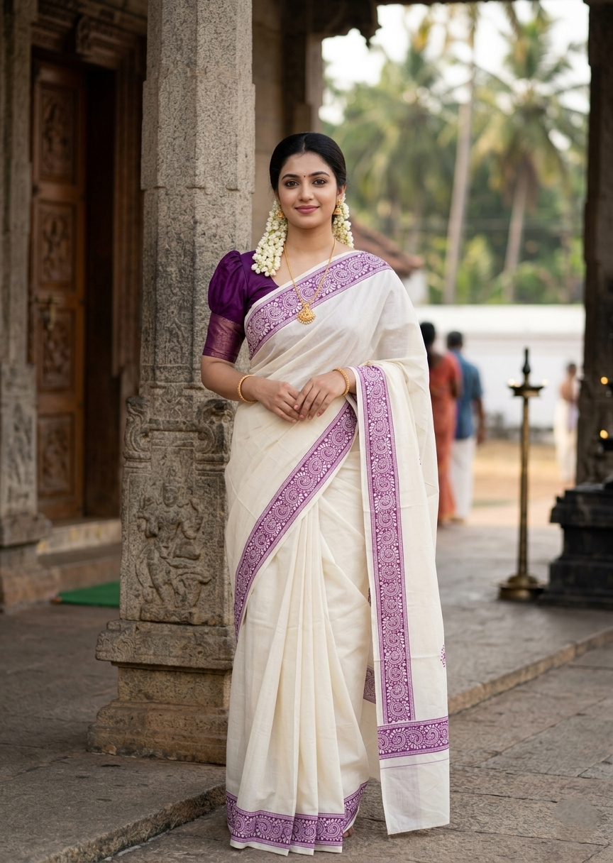 Southloom Kerala Cotton Saree with With Floral Digital Prints on Body and Borders in Purple SL475
