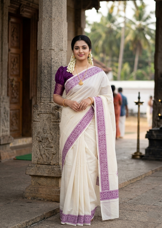 Southloom Kerala Cotton Saree with With Floral Digital Prints on Body and Borders in Purple SL475