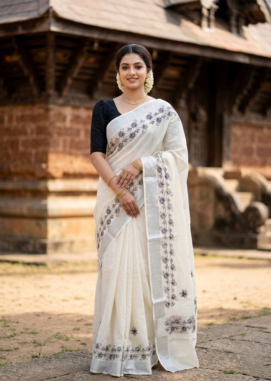Southloom Pure Cotton Silver Kasavu Saree with Black Floral Digital Prints on Body and Borders