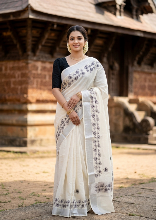 Southloom Pure Cotton Silver Kasavu Saree with Black Floral Digital Prints on Body and Borders