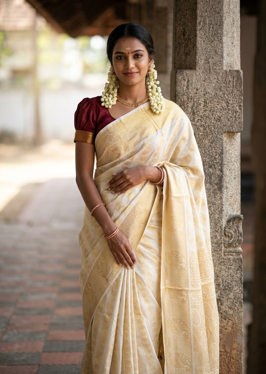 Southloom Pure Cotton Kerala Kasavu Heavy Work Saree with Floral Woven Design on Body and Temple Border SL485