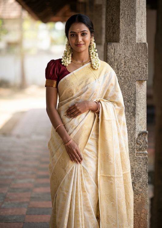 Southloom Pure Cotton Kerala Kasavu Heavy Work Saree with Floral Woven Design on Body and Temple Border SL485