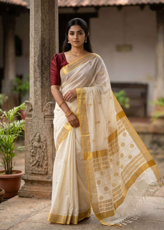 Southloom Pure Cotton Kerala Kasavu Heavy Work Replica Saree with Floral Woven Design on Body SL487
