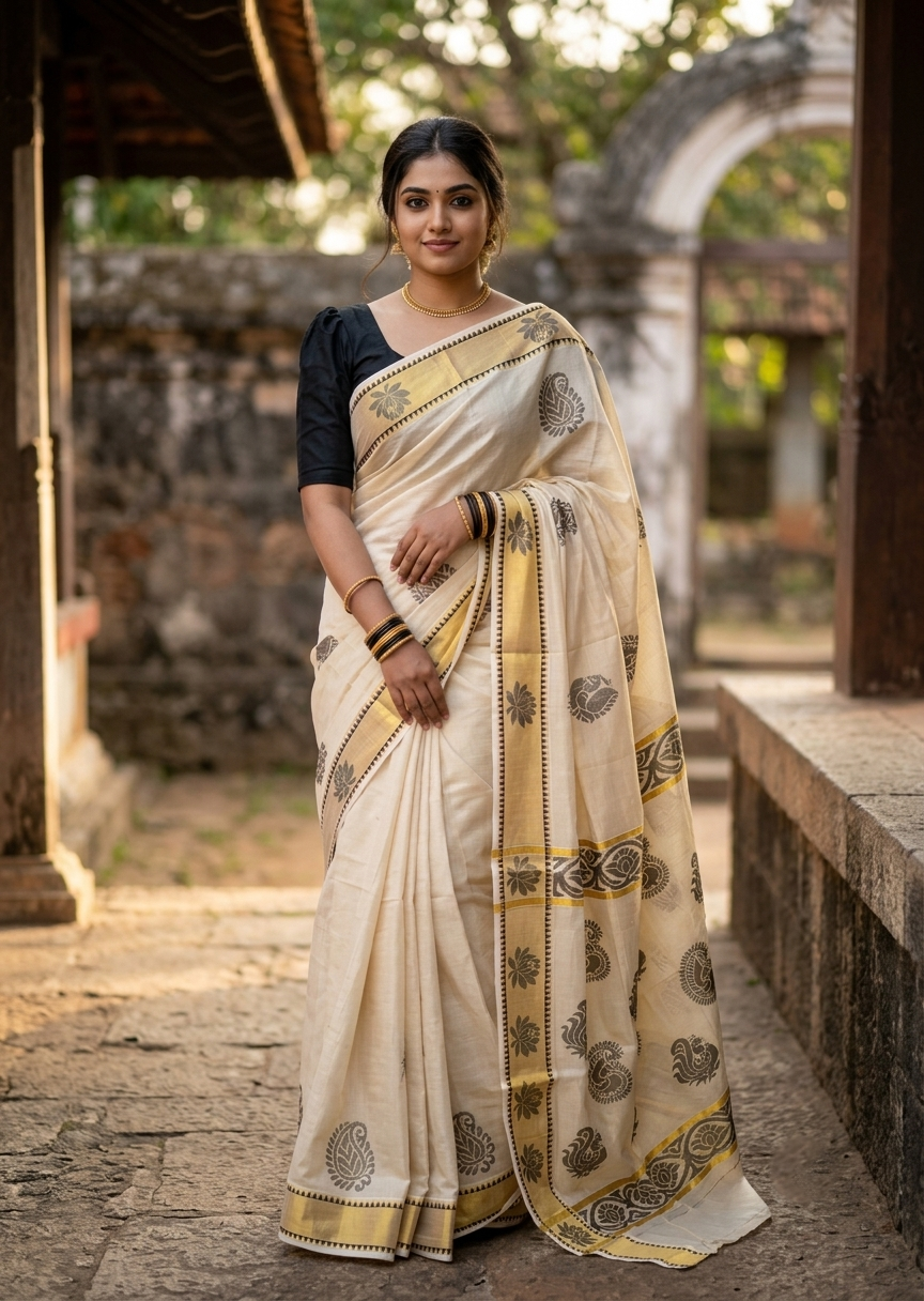Southloom Kerala Tissue Kasavu Heavy Work Saree with Peacock and Paisley Woven Design on Body and with Temple Border SL490