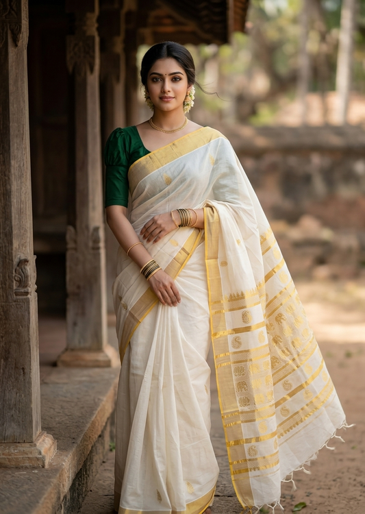 Southloom Pure Cotton Kerala Kasavu Heavy Work Replica Saree with Leaf Woven Design on Body with Elephant and Lotus Woven Design on Pallu SL487