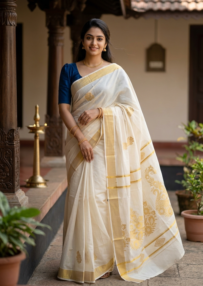 Southloom Pure Cotton Kerala Kasavu Heavy Work Saree with Peacock and Paisley Floral Woven Design on Body SL487