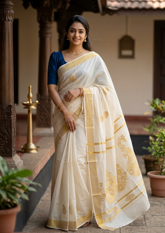 Southloom Pure Cotton Kerala Kasavu Heavy Work Saree with Peacock and Paisley Floral Woven Design on Body SL487