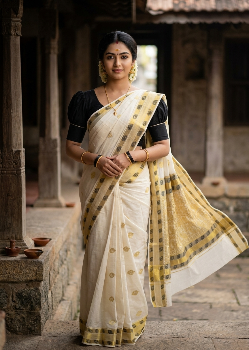Southloom Pure Cotton Kerala Kasavu Heavy Work Saree with Peacock Feather Woven Design on Body and Borders SL490