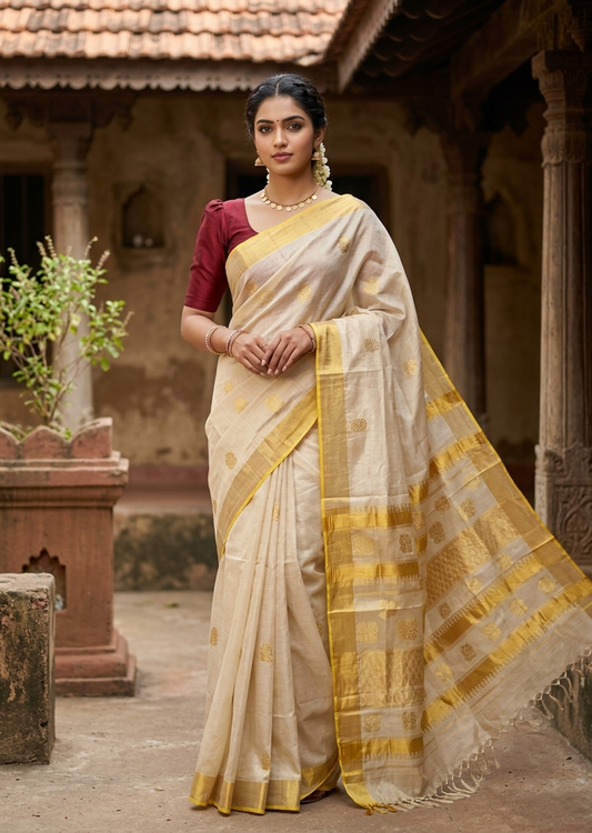 Southloom Tissue Kasavu Replica Saree with Woven Butta Works Across Body  SL431