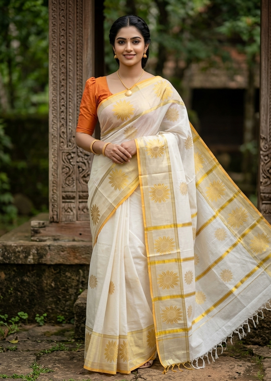 Southloom Pure Cotton Kerala Kasavu Heavy Work Replica Saree with Floral Woven Design on Body and Temple Border SL479