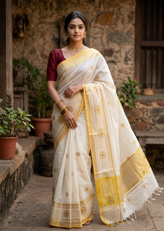 Southloom Pure Cotton Kerala Kasavu Heavy Work Replica Saree with Floral Woven Design on Body and Temple Border SL479