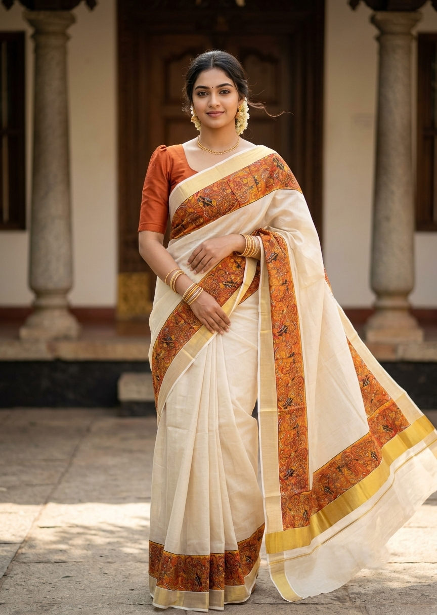 Southloom Kerala Tissue Kasavu Saree with Theyyam Prints And Gold Kasavu Border SL474